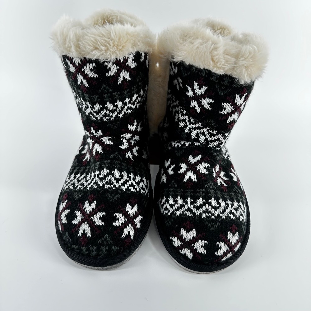 Natural Reflections Fair Isle Knit Slipper Boots Black Faux Fur 9M